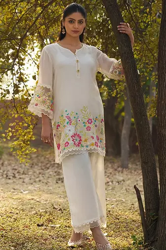 cream embroidered  cotton round neck kurti & trousers