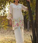 cream embroidered  cotton round neck kurti & trousers