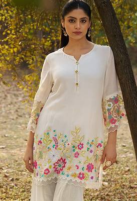 cream embroidered  cotton round neck kurti & trousers 4