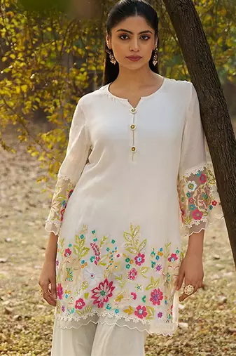 cream embroidered  cotton round neck kurti & trousers