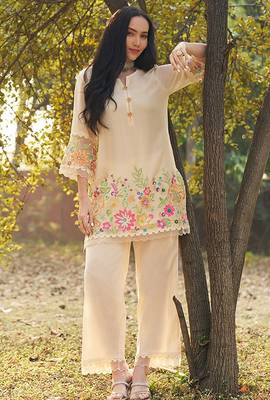 peach embroidered  cotton round neck kurti & trousers 1