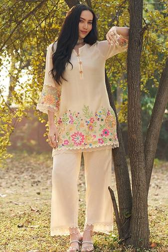 peach embroidered  cotton round neck kurti & trousers