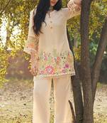 peach embroidered  cotton round neck kurti & trousers