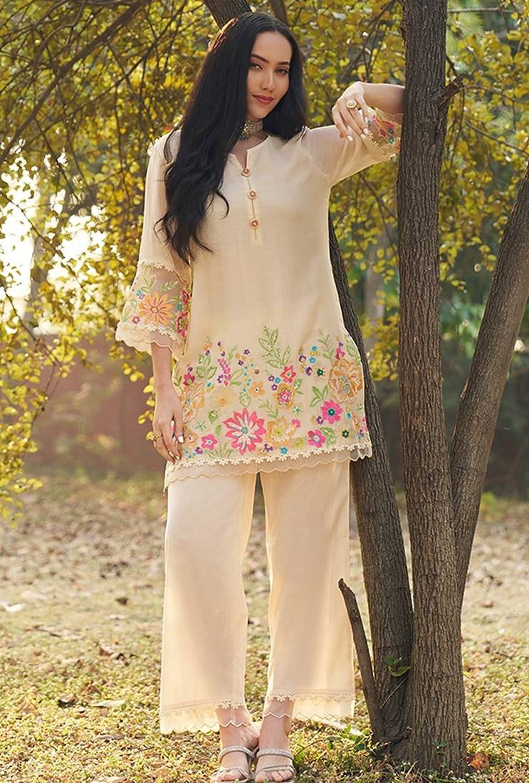 peach embroidered  cotton round neck kurti & trousers