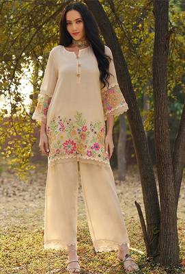 peach embroidered  cotton round neck kurti & trousers 2