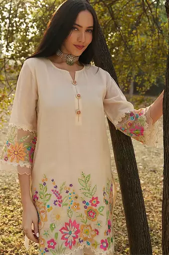 peach embroidered  cotton round neck kurti & trousers
