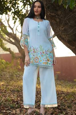 mint embroidered  cotton round neck kurti & trousers 1