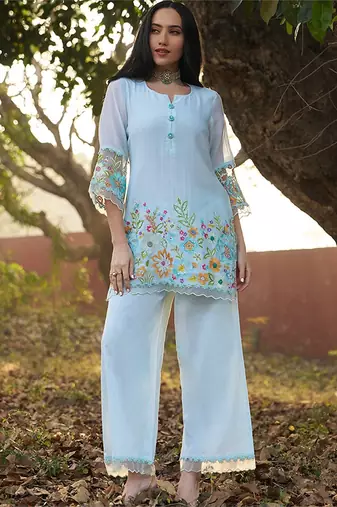 mint embroidered  cotton round neck kurti & trousers