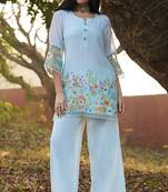 mint embroidered  cotton round neck kurti & trousers