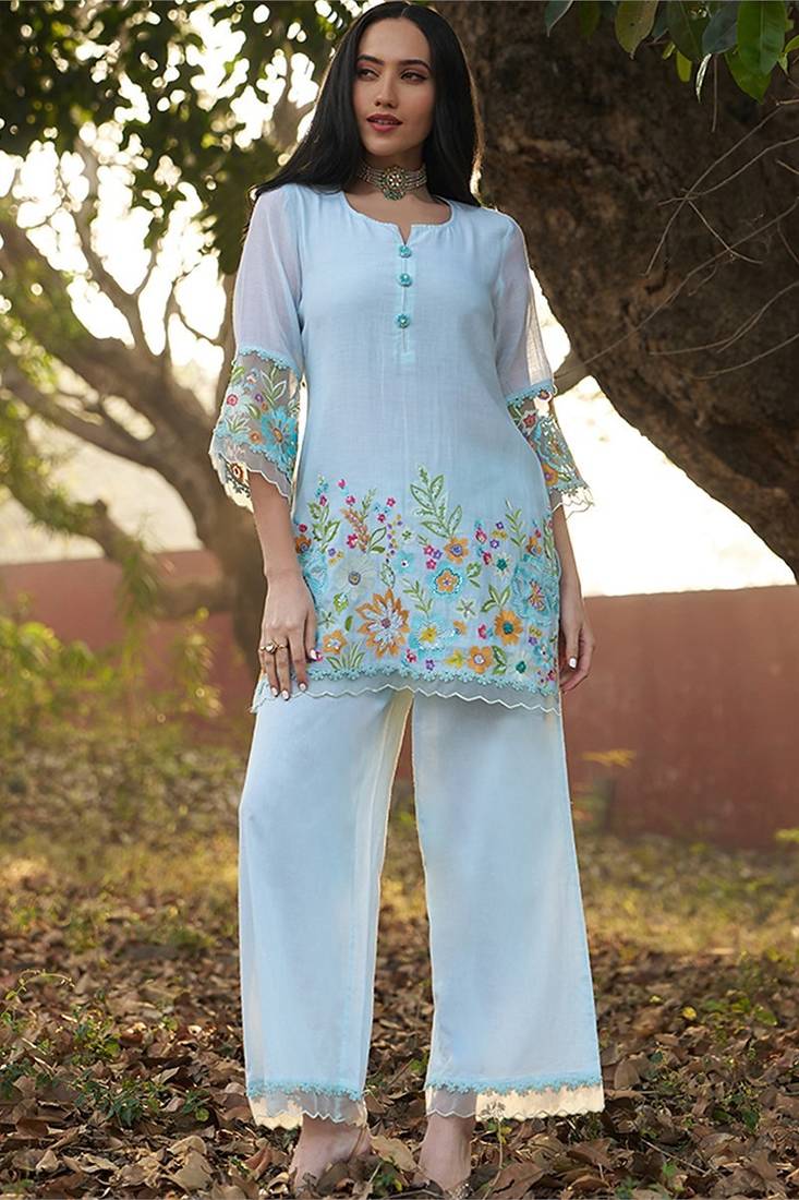 mint embroidered  cotton round neck kurti & trousers