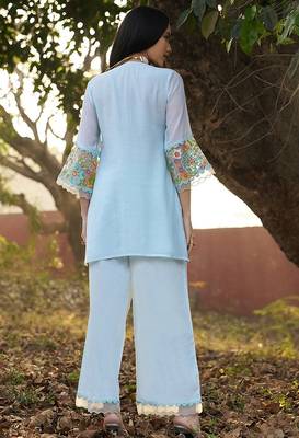 mint embroidered  cotton round neck kurti & trousers 3