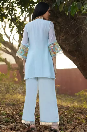 mint embroidered  cotton round neck kurti & trousers