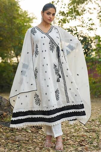 white embroidered  cotton v-neck anarkali set
