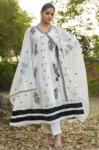 white embroidered  cotton v-neck anarkali set