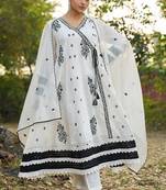 white embroidered  cotton v-neck anarkali set