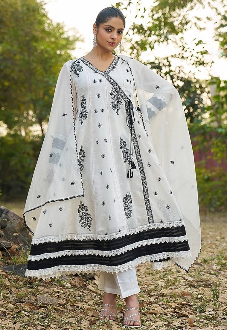 white embroidered  cotton v-neck anarkali set