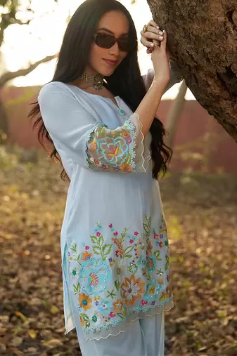 mint embroidered  cotton round neck kurti & trousers