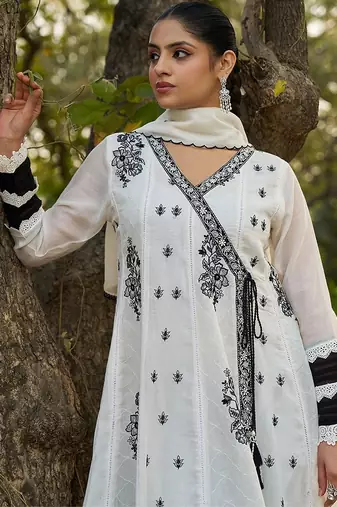 white embroidered  cotton v-neck anarkali set