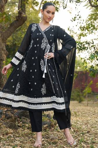 black embroidered  cotton v-neck anarkali set