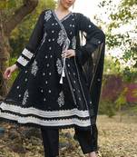black embroidered  cotton v-neck anarkali set