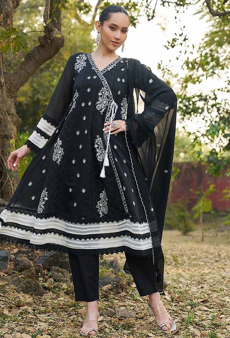 black embroidered  cotton v-neck anarkali set