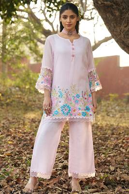 pink embroidered  cotton round neck kurti & trousers 1