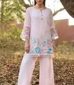 pink embroidered  cotton round neck kurti & trousers