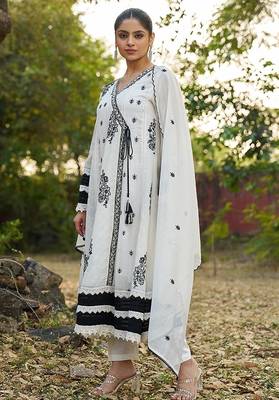white embroidered  cotton v-neck anarkali set 3