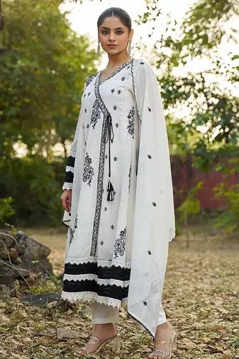white embroidered  cotton v-neck anarkali set