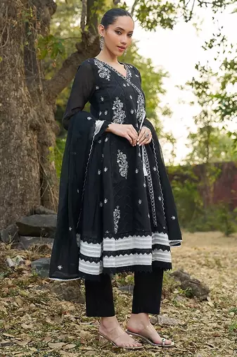 black embroidered  cotton v-neck anarkali set