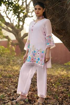 pink embroidered  cotton round neck kurti & trousers 2