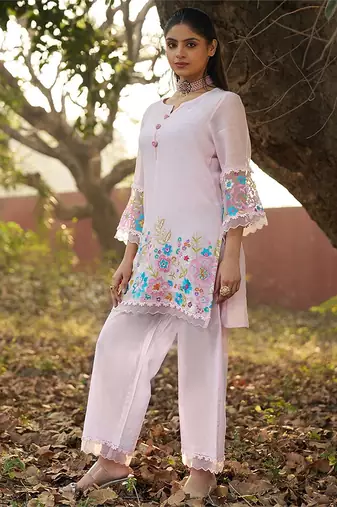 pink embroidered  cotton round neck kurti & trousers