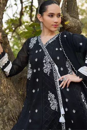 black embroidered  cotton v-neck anarkali set