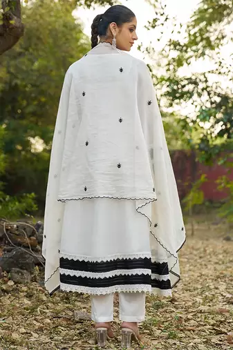 white embroidered  cotton v-neck anarkali set