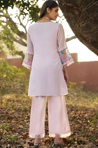 pink embroidered  cotton round neck kurti & trousers