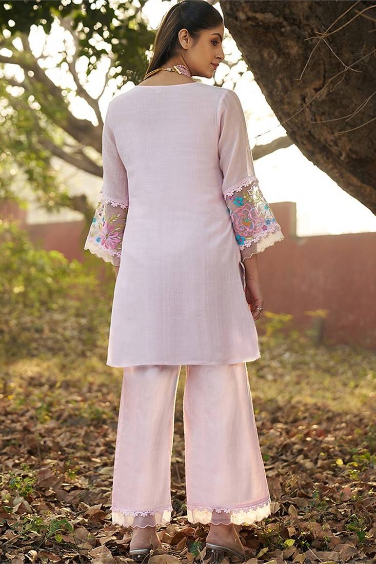 pink embroidered  cotton round neck kurti & trousers