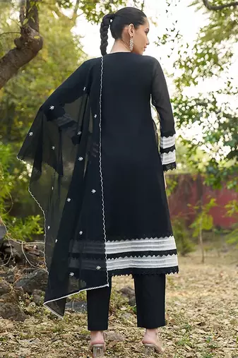 black embroidered  cotton v-neck anarkali set