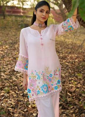pink embroidered  cotton round neck kurti & trousers 4