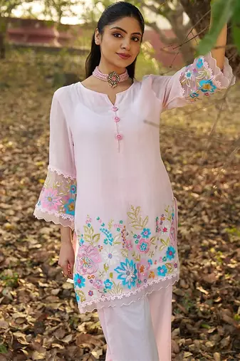 pink embroidered  cotton round neck kurti & trousers