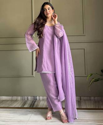 Women's Gorgeous Embroidery Work Crunchy Silk Fabric Straight Kurta Patiala and Dupatta Set 1