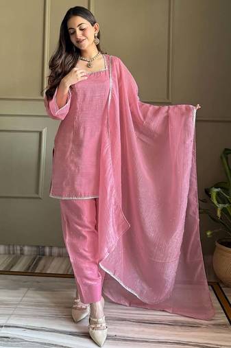 Women's Gorgeous Embroidery Work Crunchy Silk Fabric Straight Kurta Patiala and Dupatta Set