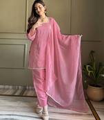 Women's Gorgeous Embroidery Work Crunchy Silk Fabric Straight Kurta Patiala and Dupatta Set