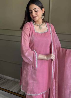 Women's Gorgeous Embroidery Work Crunchy Silk Fabric Straight Kurta Patiala and Dupatta Set 2