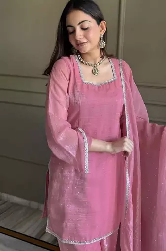 Women's Gorgeous Embroidery Work Crunchy Silk Fabric Straight Kurta Patiala and Dupatta Set