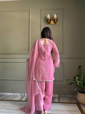 Women's Gorgeous Embroidery Work Crunchy Silk Fabric Straight Kurta Patiala and Dupatta Set 4