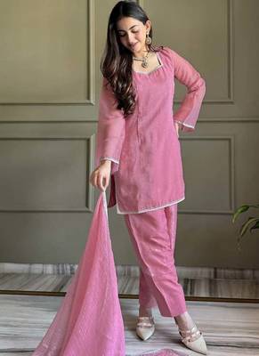 Women's Gorgeous Embroidery Work Crunchy Silk Fabric Straight Kurta Patiala and Dupatta Set 5