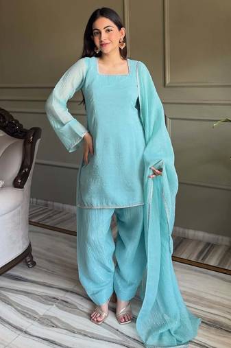 Women's Gorgeous Embroidery Work Crunchy Silk Fabric Straight Kurta Patiala and Dupatta Set