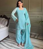 Women's Gorgeous Embroidery Work Crunchy Silk Fabric Straight Kurta Patiala and Dupatta Set