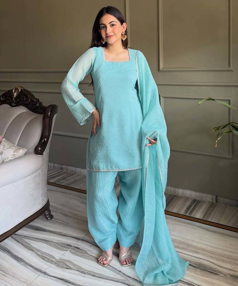 Women's Gorgeous Embroidery Work Crunchy Silk Fabric Straight Kurta Patiala and Dupatta Set