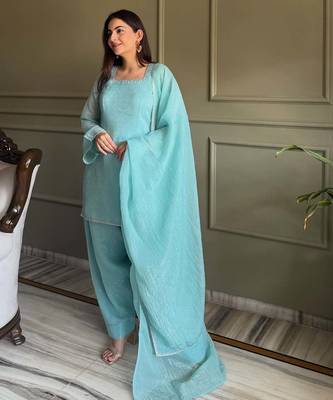 Women's Gorgeous Embroidery Work Crunchy Silk Fabric Straight Kurta Patiala and Dupatta Set 2
